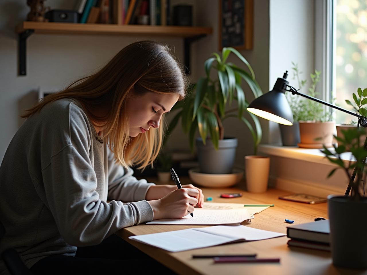 A person working on a creative project, surrounded by inspirational materials, in a well-organized and inspiring workspace.