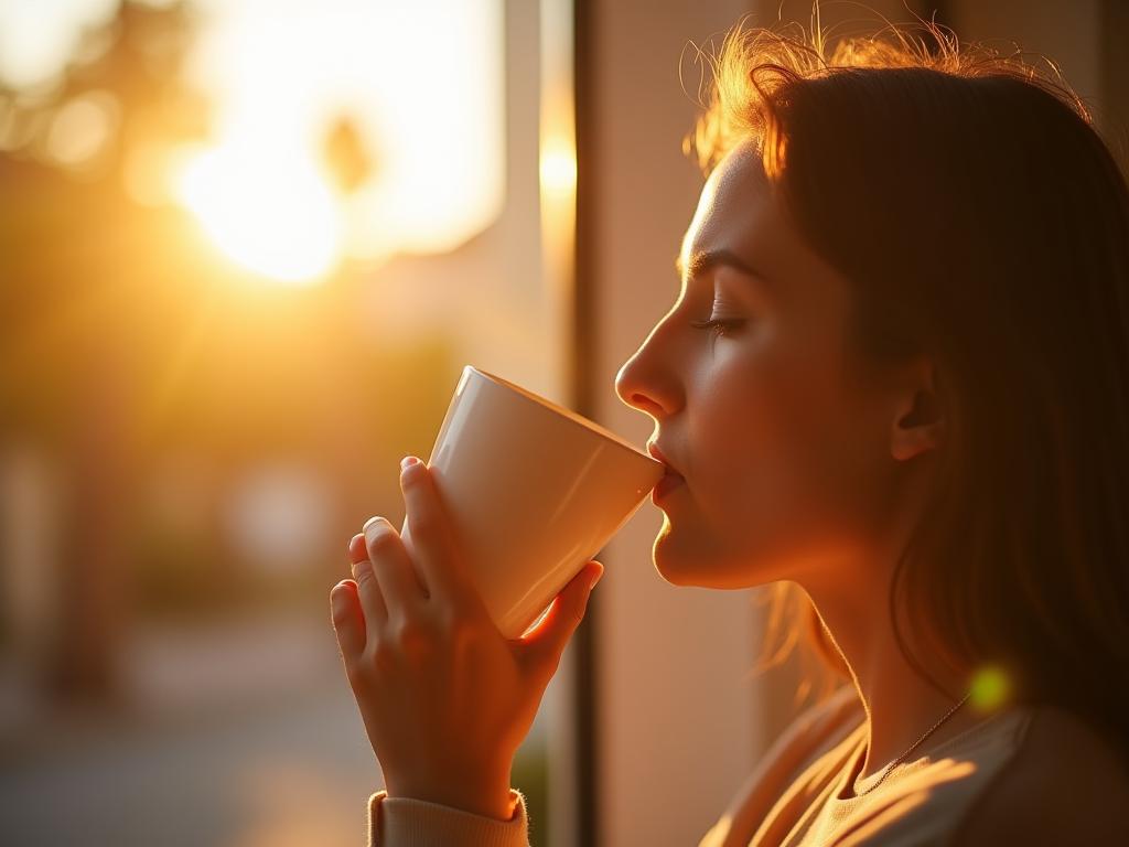 A person enjoying the morning sunlight while drinking coffee outside, illustrating the concept of exposure to natural light for better sleep.