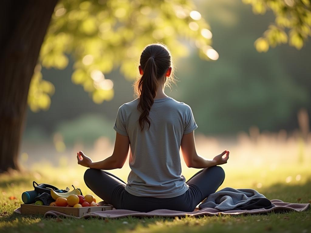 A person meditating in a peaceful natural setting, representing stress reduction and mindfulness. The image includes healthy food, sports equipment and a person sleeping peacefully.
