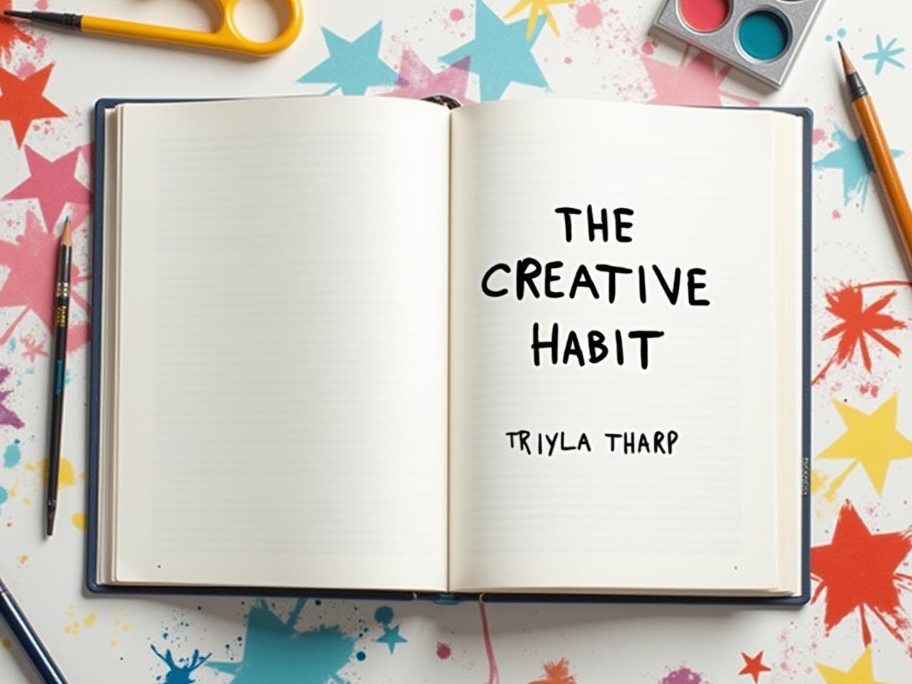 Open book with the title The Creative Habit by Twyla Tharp with scattered art supplies around it, symbolizing the creation of a creative environment.