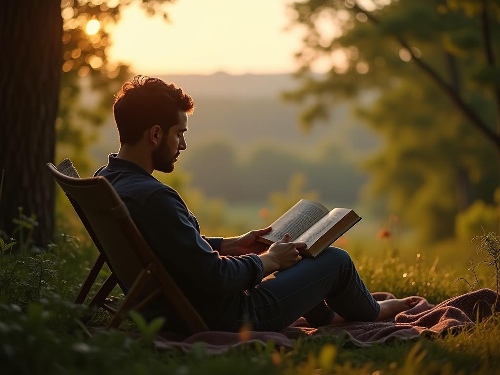 A person relaxing in nature while reading a book, surrounded by calming scenery.
