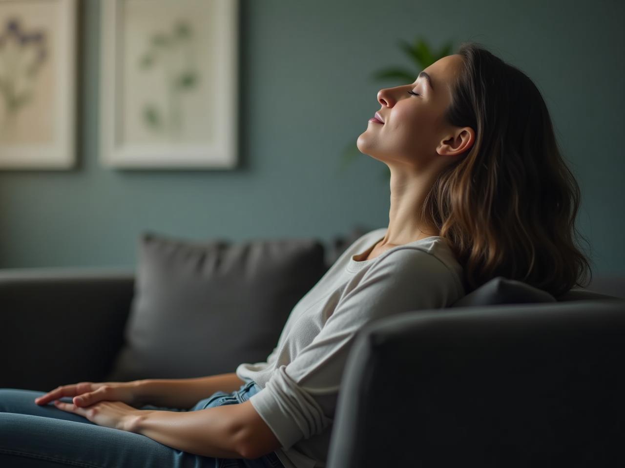 A person sitting comfortably with eyes closed, visualizing a successful presentation. The image represents the concept of guided imagery and improved mental performance.