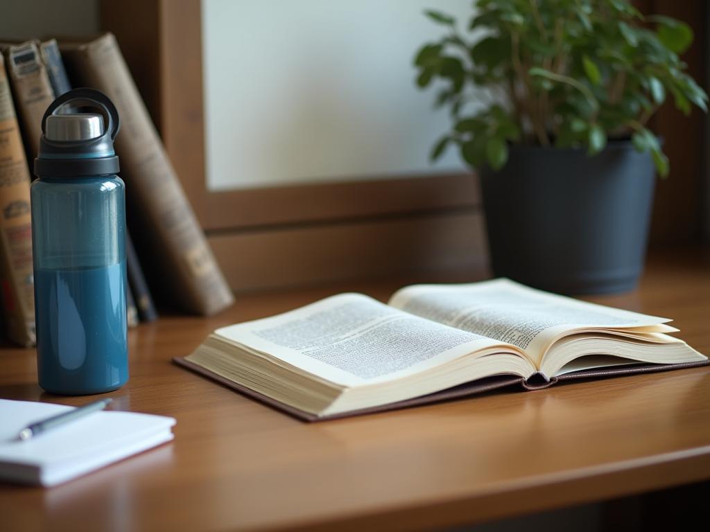 A desk with a book, a water bottle, and a notebook, representing a well-designed environment for reading and working.