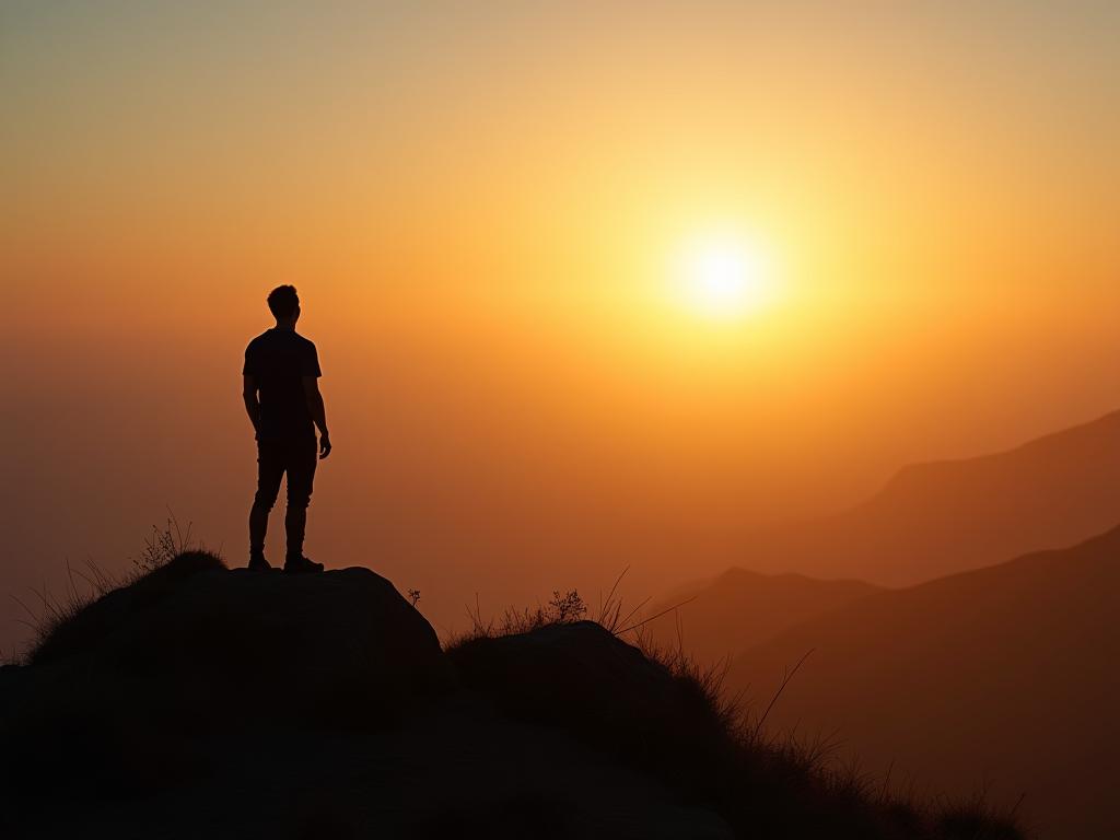 A person standing on a mountain peak at sunrise, looking out at a new horizon. Represents a fresh start and new possibilities. Keywords: new beginnings, hope, inspiration, future, overcoming challenges.