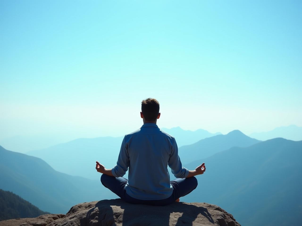 A person sitting in a meditative pose on a mountain top, overlooking a serene landscape. The sky is clear and blue, symbolizing mental clarity. Keywords: mindfulness, meditation, Eckhart Tolle, The Power of Now, present moment, inner peace.