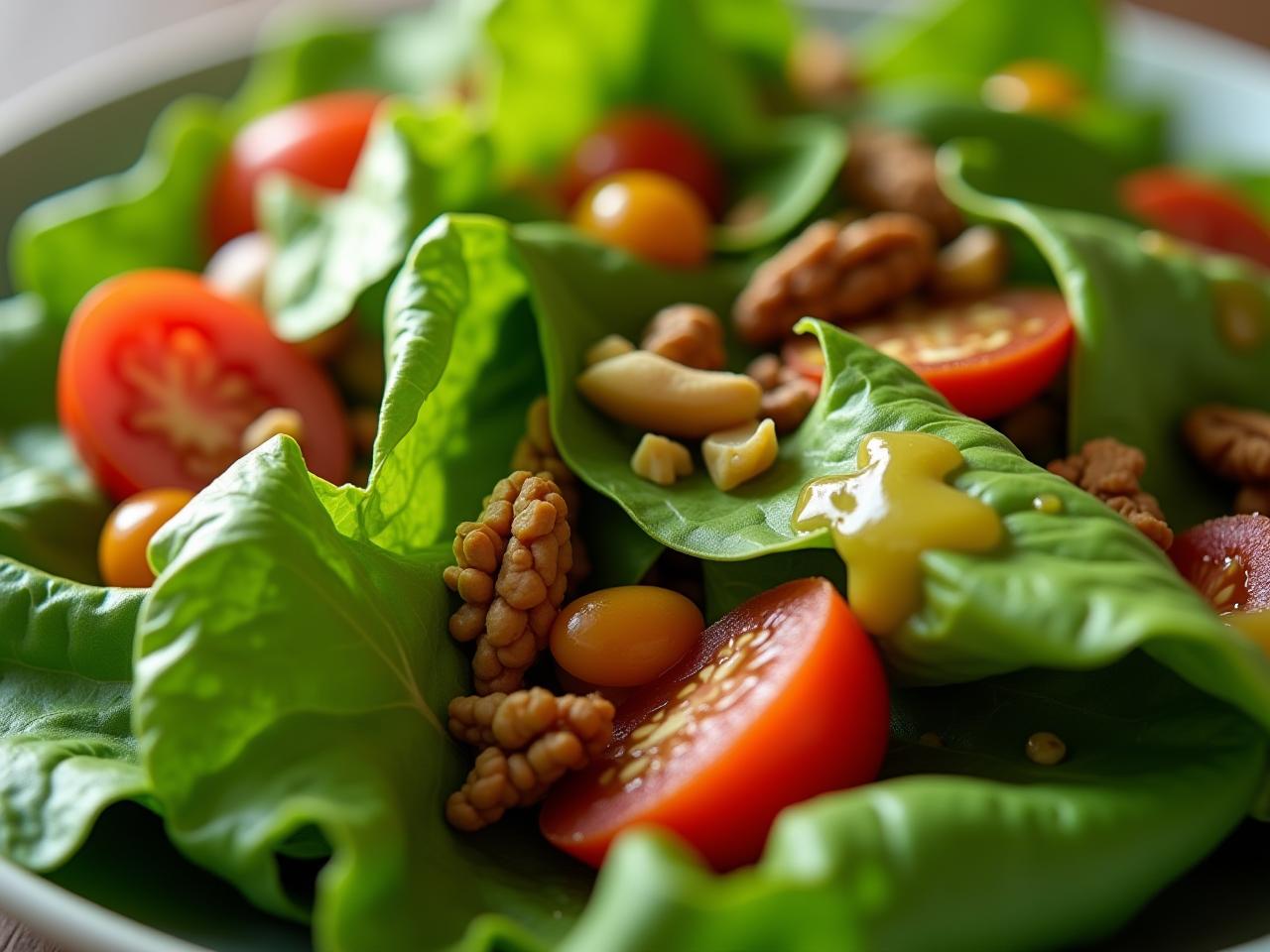 Close-up of a vibrant, large green salad with mixed leafy greens, colorful vegetables, nuts, and a light vinaigrette dressing, representing healthy eating and plant-based nutrition.