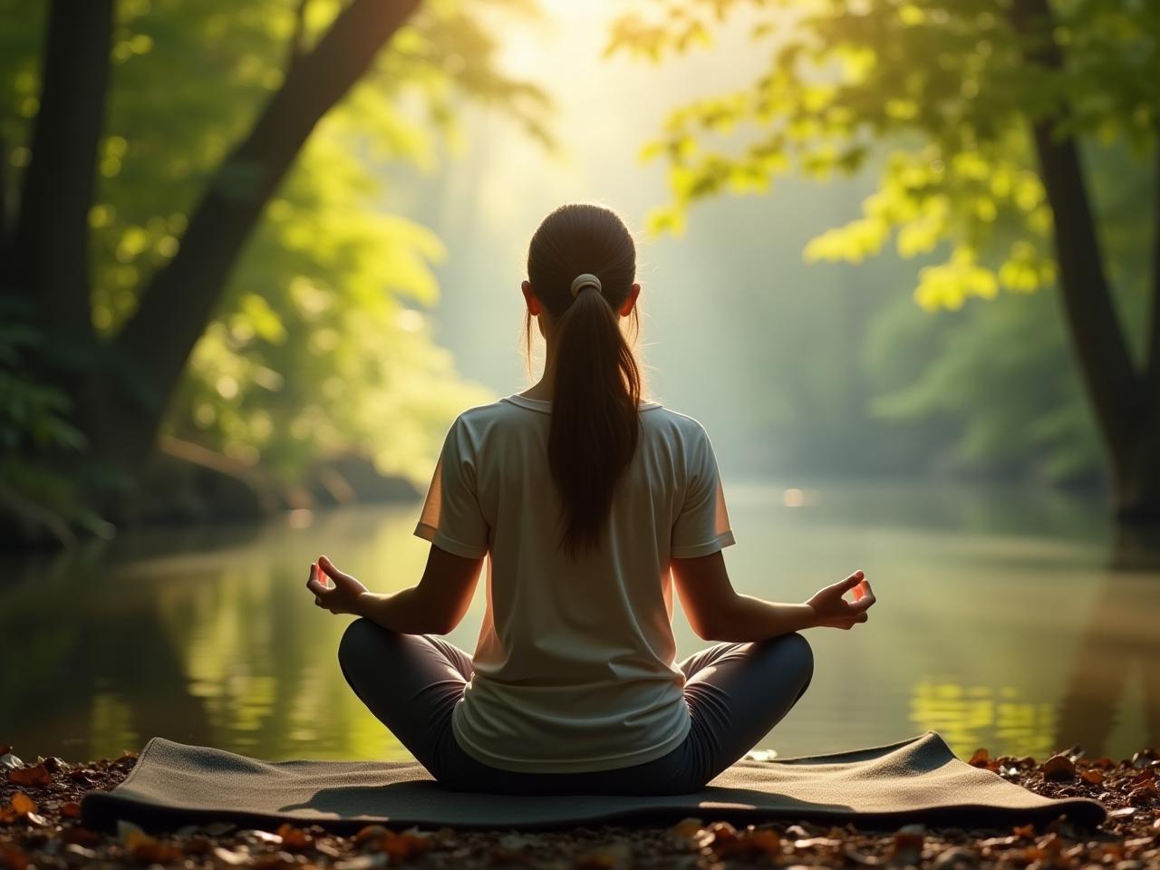 A person meditating in a peaceful environment, surrounded by nature, representing mental clarity and positive change. Keywords: meditation, mindfulness, positive thinking, Joe Dispenza, breaking thought patterns.