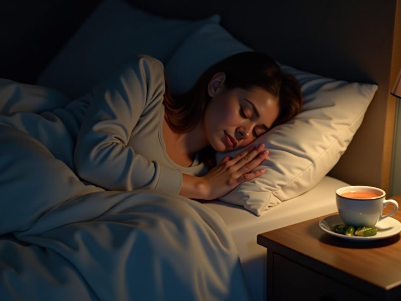 A woman sleeping peacefully in a dark room with a healthy meal and chamomile tea on her nightstand. Key words: sleep, nutrition, health, magnesium, chamomile tea.