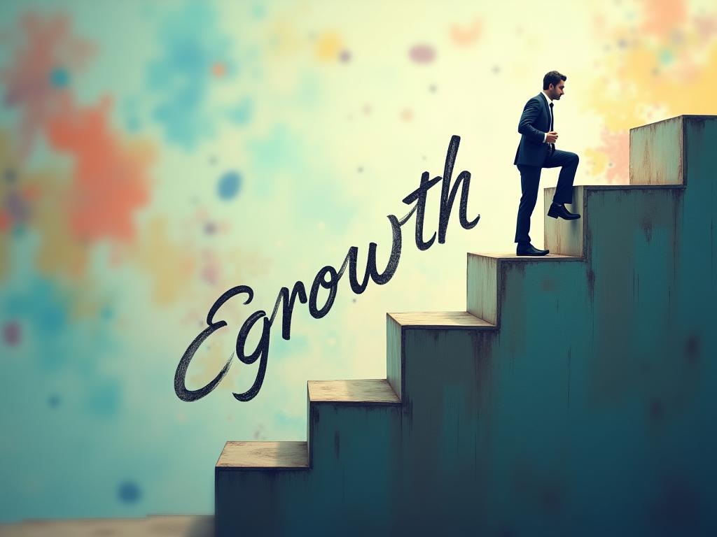 A person climbing a staircase with the word Growth at the top, symbolizing mindset development and achievement. The background is blurred with abstract shapes and colors, suggesting a journey of learning and self-improvement. Keywords: Growth Mindset, Carol Dweck, Success, Learning, Personal Development