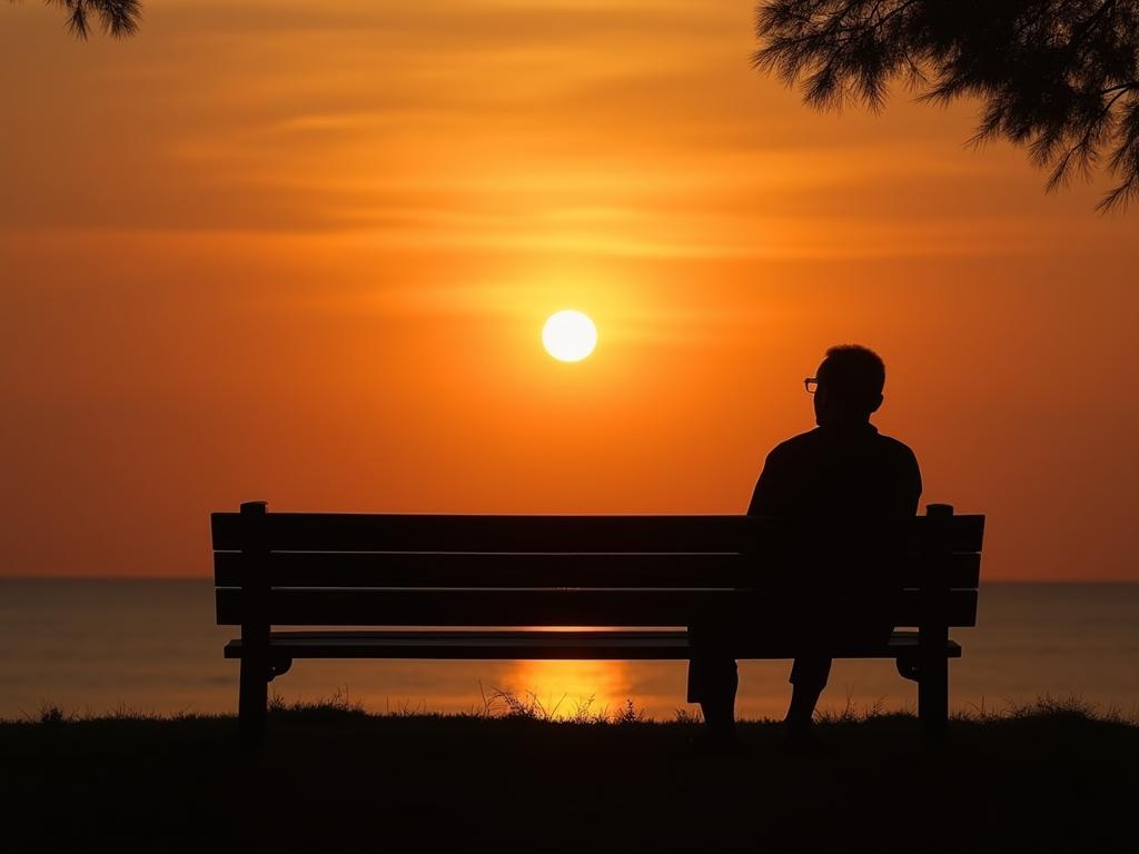 A person sitting on a park bench, looking at a sunset, symbolizing reflection and renewal.