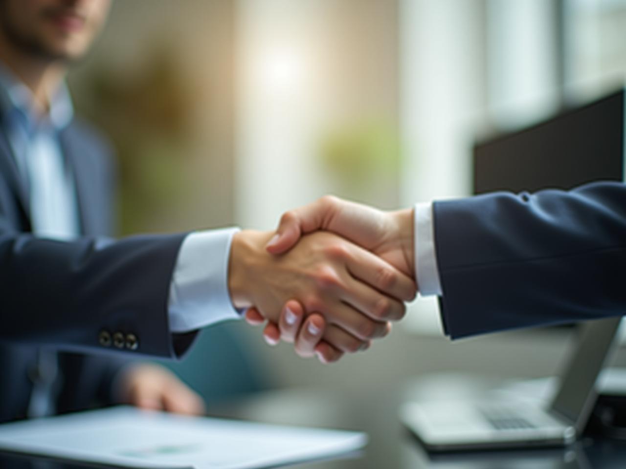 Image of two people shaking hands after a successful negotiation, with a blurred background representing a stressful office environment. The image highlights the feeling of relief and accomplishment after applying the leave it blank technique.