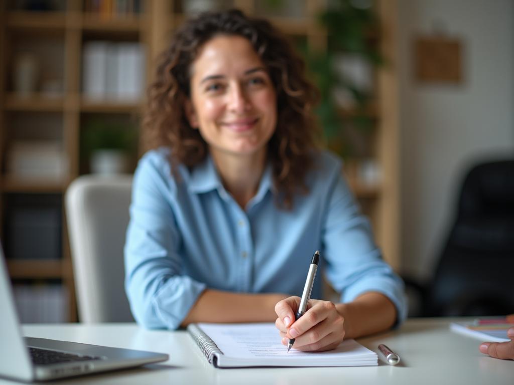 A person sitting at a desk with a notebook and pen, looking relaxed and focused. In the background, a blurred image of a tidy and organized workspace.
