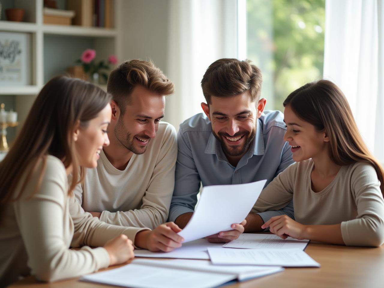 Family members sitting together around a table, discussing financial planning and inheritance, smiling and sharing documents.