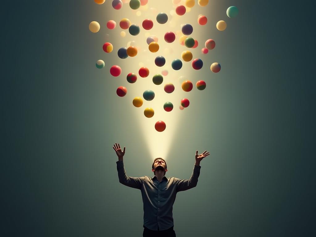 A person juggling multiple colorful balls in the air, symbolizing the overwhelming feeling of having too many ideas, contrasted with a single, focused beam of light shining on one ball, representing the power of deliberate rejection to achieve focus and clarity.
