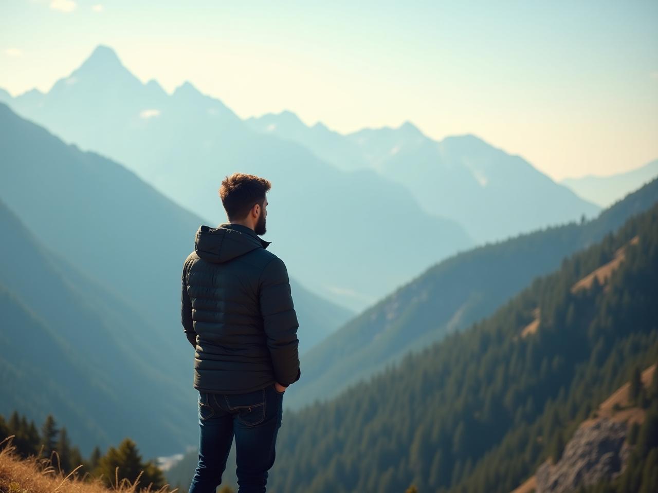 A person looking thoughtfully at a mountain landscape, symbolizing resilience and overcoming challenges.