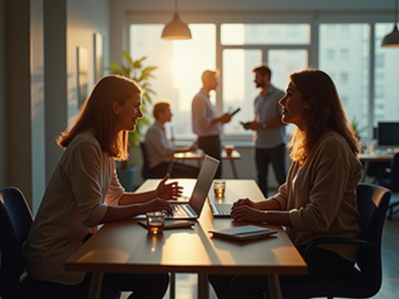 A serene image of people working collaboratively in a bright and open office space, showcasing healthy communication and emotional support.