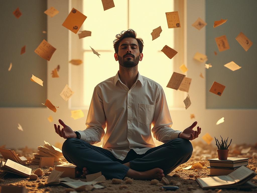 A person calmly meditating while surrounded by chaotic tasks, symbolizing emotional self-management.