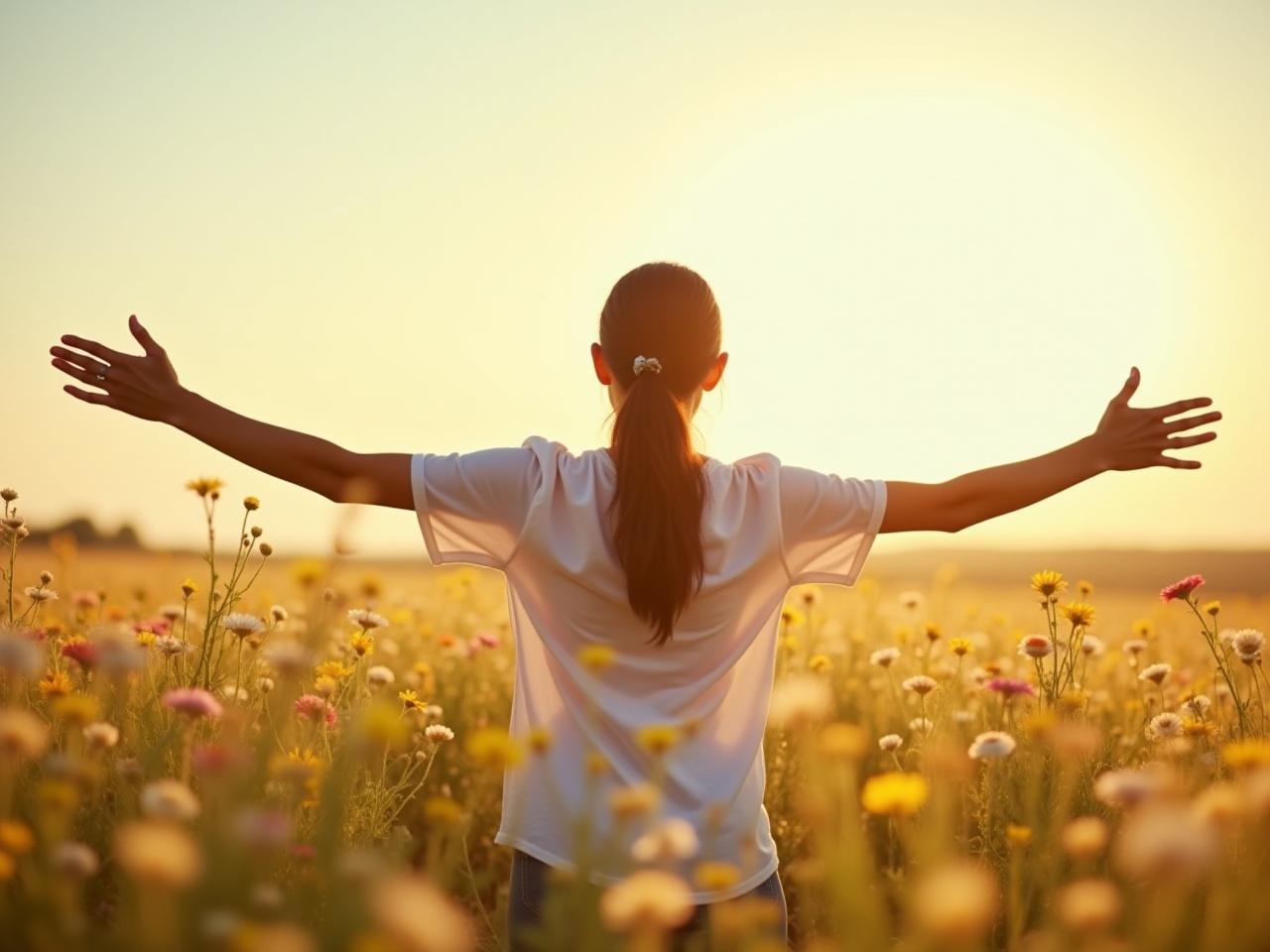 A person opening their arms in a gesture of vulnerability and acceptance in a field of wildflowers, representing the beauty that can come from embracing vulnerability, inspired by Brené Browns Daring Greatly.