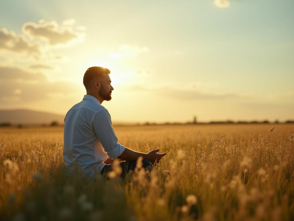 A person sitting calmly in a meadow, observing their thoughts and feelings, representing emotional intelligence and mindfulness.