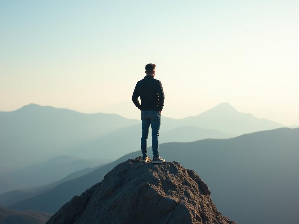 Person confidently standing on a mountain peak, symbolizing mastery and self-confidence. Keywords: confidence, mastery, achievement, success, mountain, peak.