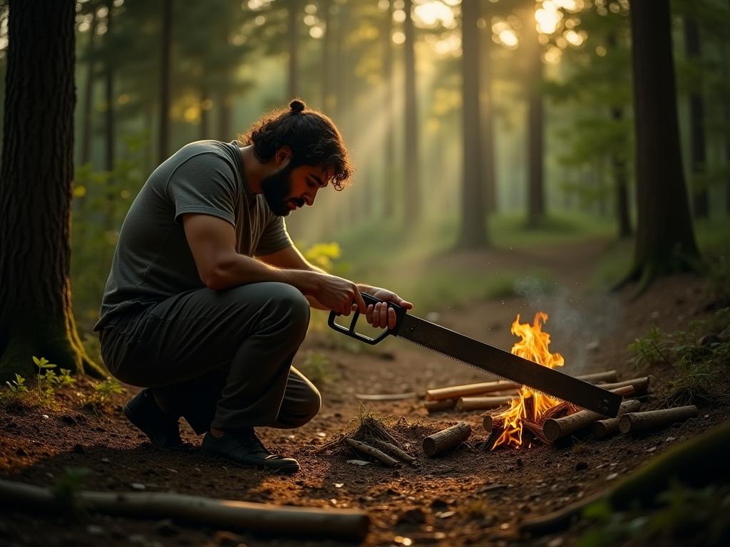 A person sharpening a saw in a peaceful forest setting, symbolizing self-improvement and renewal.