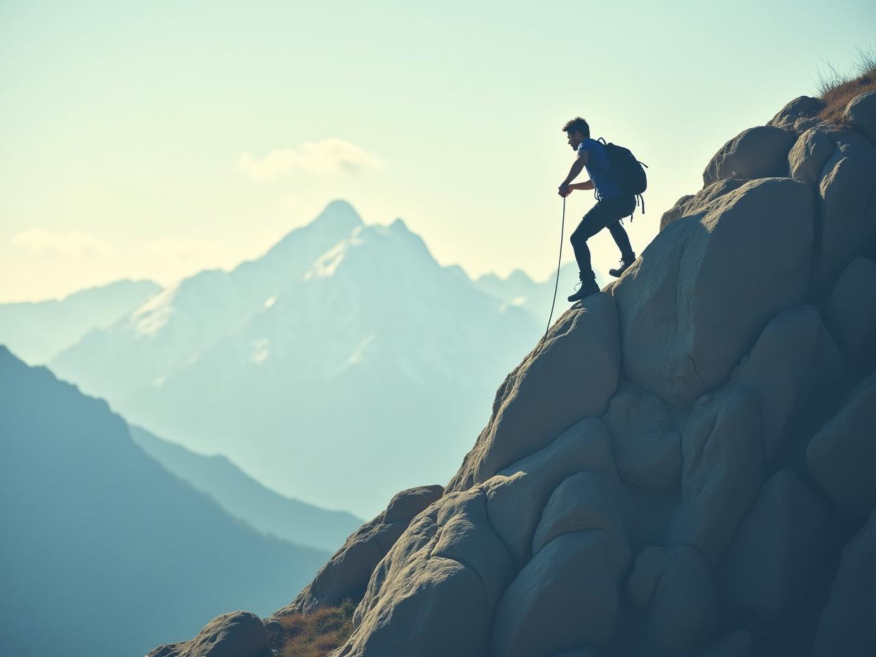 Person climbing a mountain with determination, symbolizing overcoming fear and building self-confidence. Keywords: overcoming fear, self-confidence, mountain climbing, determination, success.