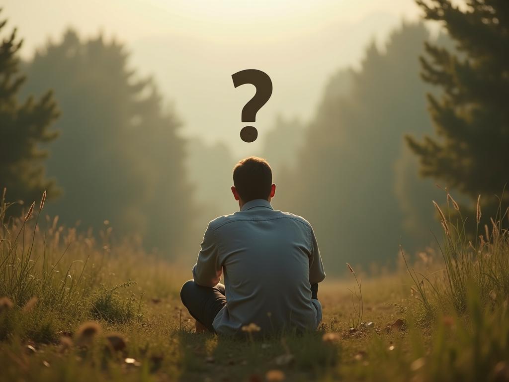 A person sitting in nature, looking thoughtful, with a question mark floating above their head.