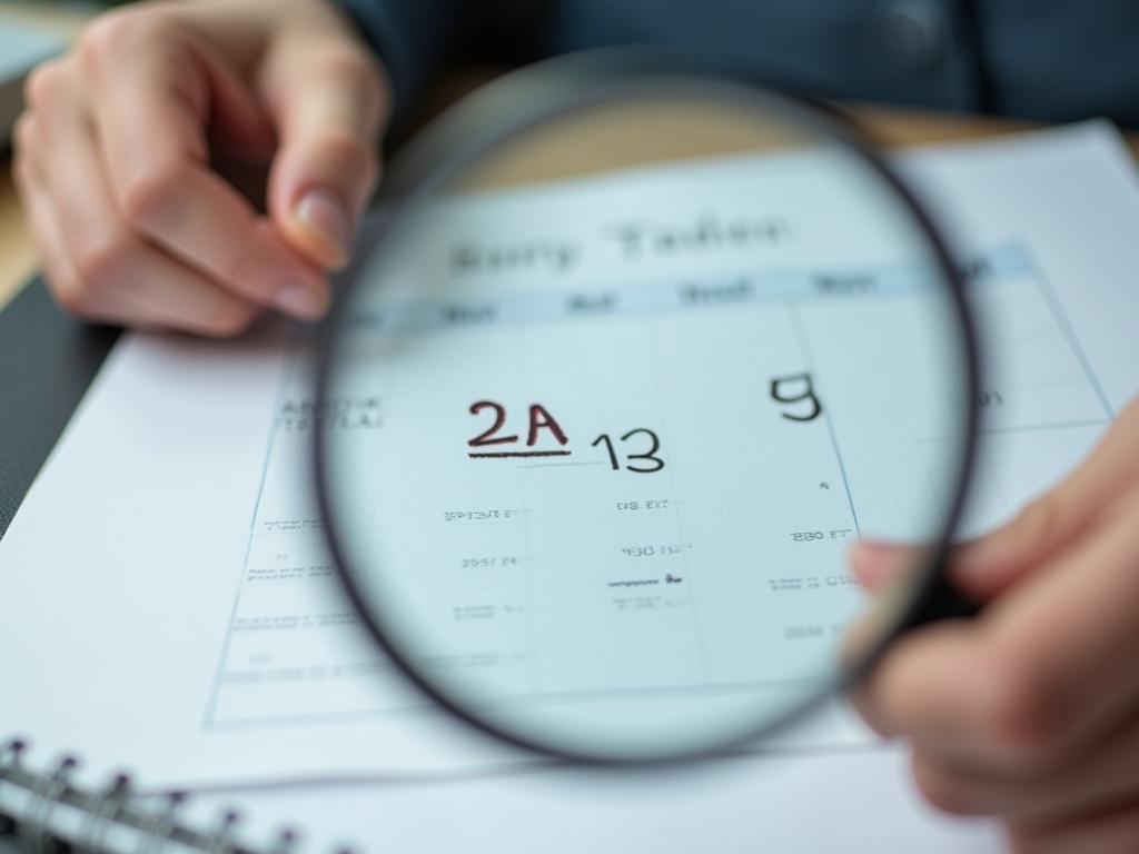 Close-up of a persons hands holding a magnifying glass over a calendar, highlighting a specific date. The image represents the concept of focusing on important tasks and scheduling time effectively.