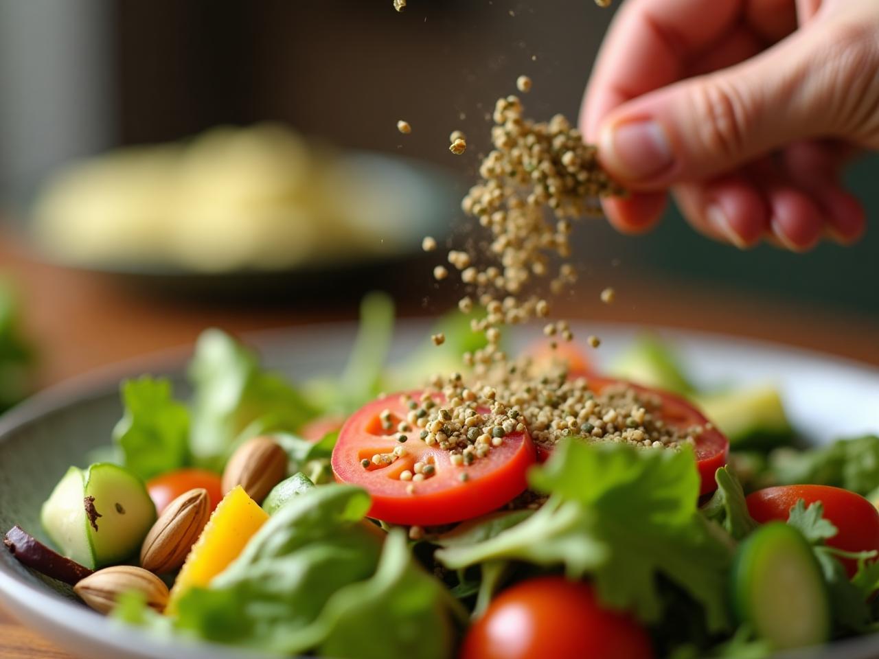 Close-up of a hand sprinkling herbs on a colorful salad with fresh vegetables, symbolizing healthy, low-sodium cooking inspired by Joel Fuhrmans The End of Dieting