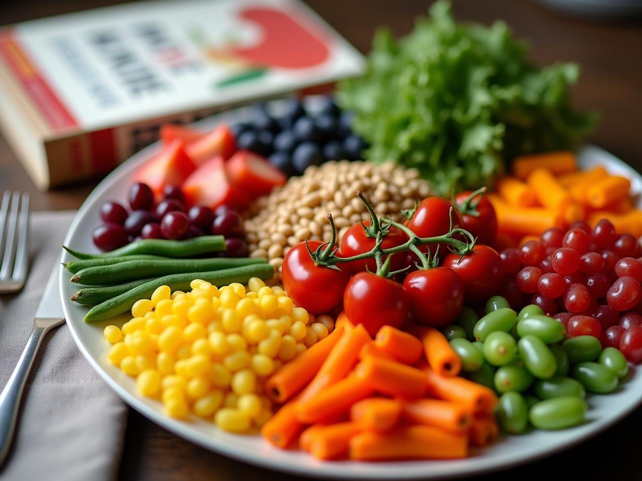 Colorful and diverse plate of plant-based whole foods, including fruits, vegetables, legumes, and whole grains, with the book How Not to Die by Michael Greger in the background.