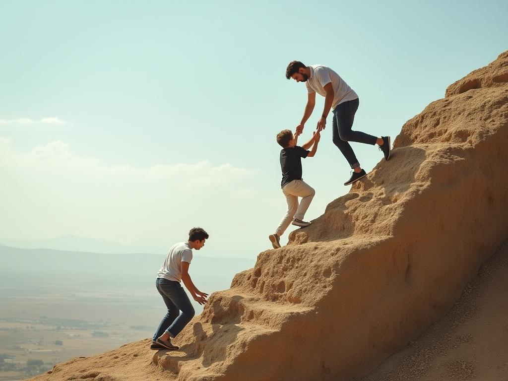 A person helping another person climb a steep hill, symbolizing the concept of finding meaning through helping others. Keywords: resilience, meaning, contribution, help, climbing, support, mental health, Seligman