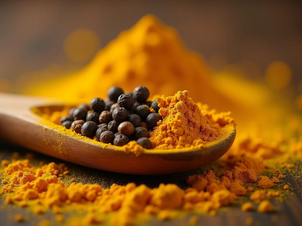 Turmeric powder with black pepper on a wooden spoon, symbolizing the synergy for better absorption and health benefits.