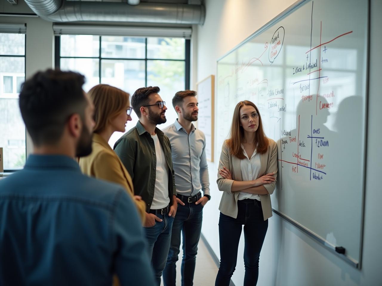A group of diverse professionals collaboratively brainstorming ideas on a whiteboard in a modern office setting. The atmosphere is energetic and engaging, with team members actively participating and sharing insights. The image highlights the power of collective intelligence and teamwork.