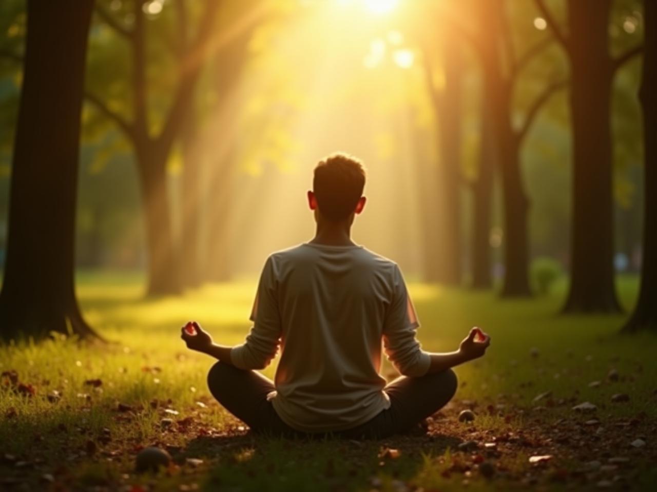 A serene image of a person meditating in nature, with sunlight gently filtering through the trees. The focus is on peace, mindfulness, and letting go. The person appears calm and centered.