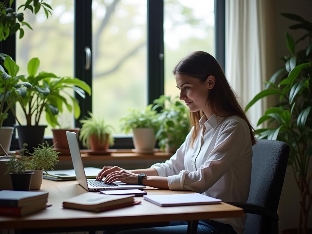 A person sitting at a desk with a laptop, surrounded by plants and books, with a window in the background. The image represents focused work and creativity.