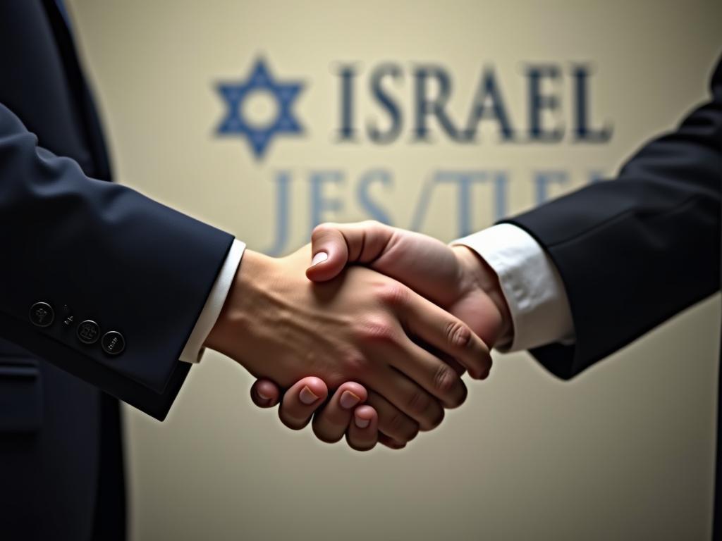 A person shaking hands with another person, with their names subtly displayed in the background.