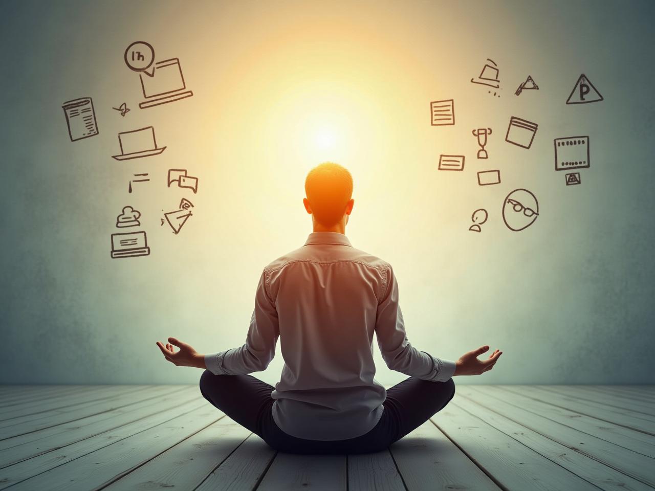 A person meditating between tasks, representing the concept of transition rituals from The Power of Full Engagement.