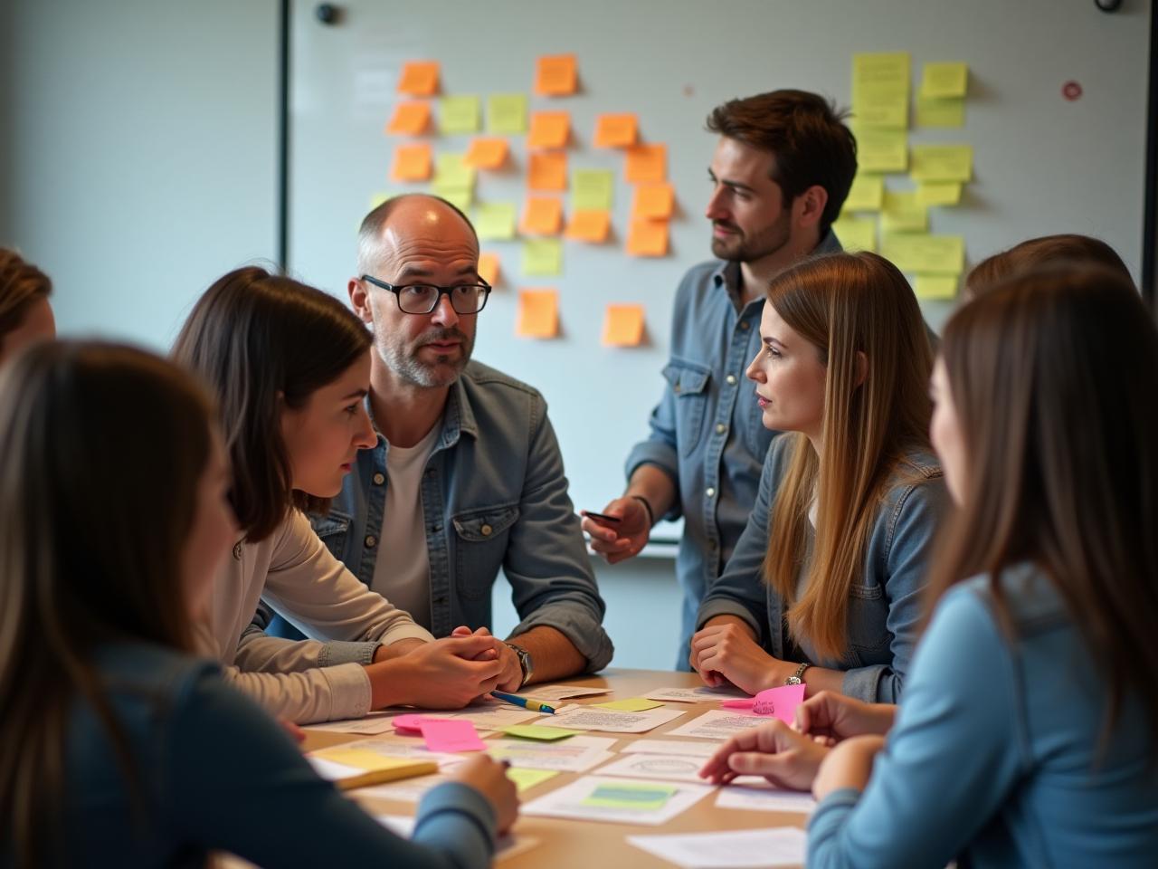 A diverse team brainstorming around a table, using sticky notes to identify potential risks in a project. The title Pre-Mortem Meeting is visible on a whiteboard.