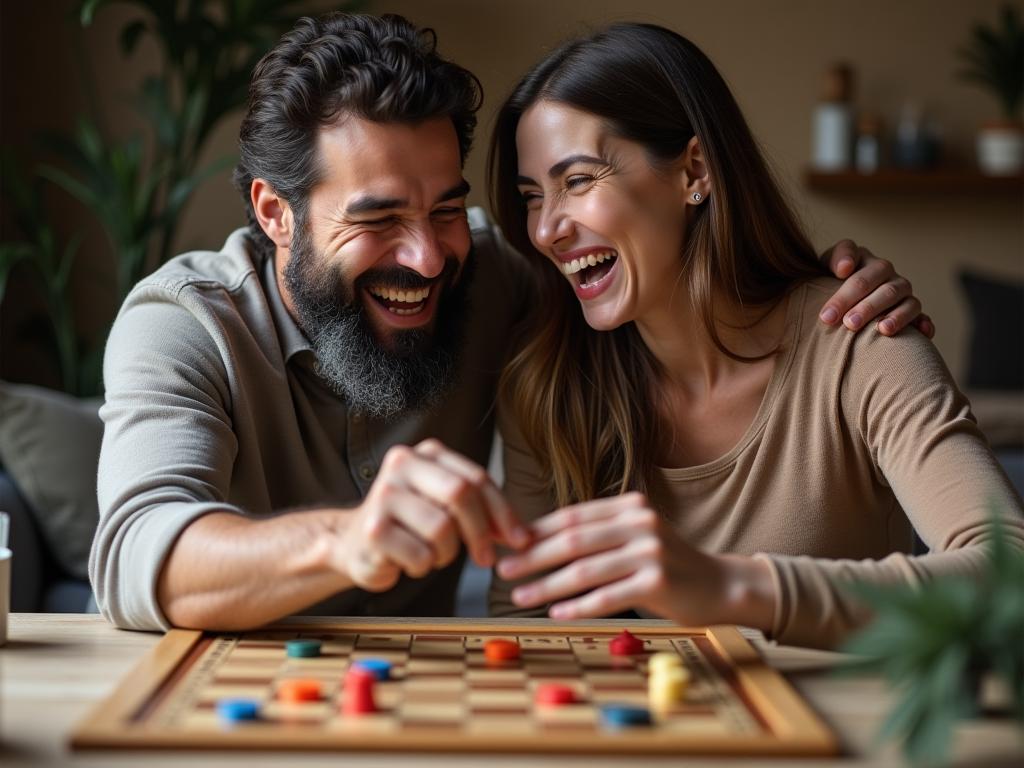 A couple laughing and playing a board game together at home. Image depicts the joy and playfulness in a relationship, illustrating the articles theme.