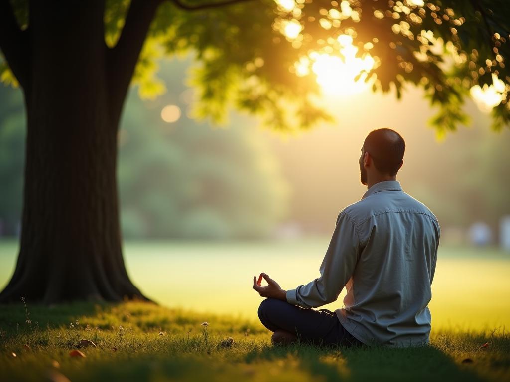 A serene image of a person meditating under a tree, embodying the concept of presence and mindfulness. The background is blurred to focus on the individuals inner peace and connection to nature. Keywords: mindfulness, meditation, presence, inner peace, Peter Senge.