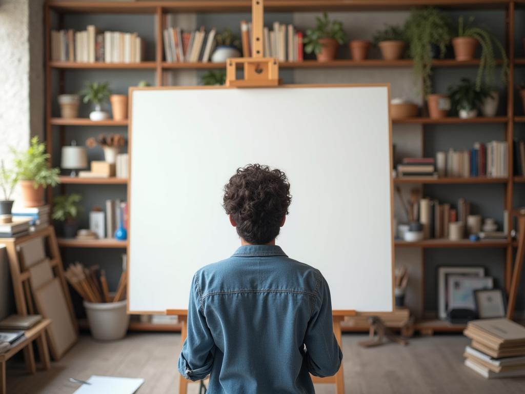 A person standing in front of a blank canvas, looking thoughtful. In the background, there are shelves filled with books, art supplies, and inspiring objects, representing the potential for creativity and the journey of artistic exploration. The image conveys a sense of possibility and the courage to start creating.
