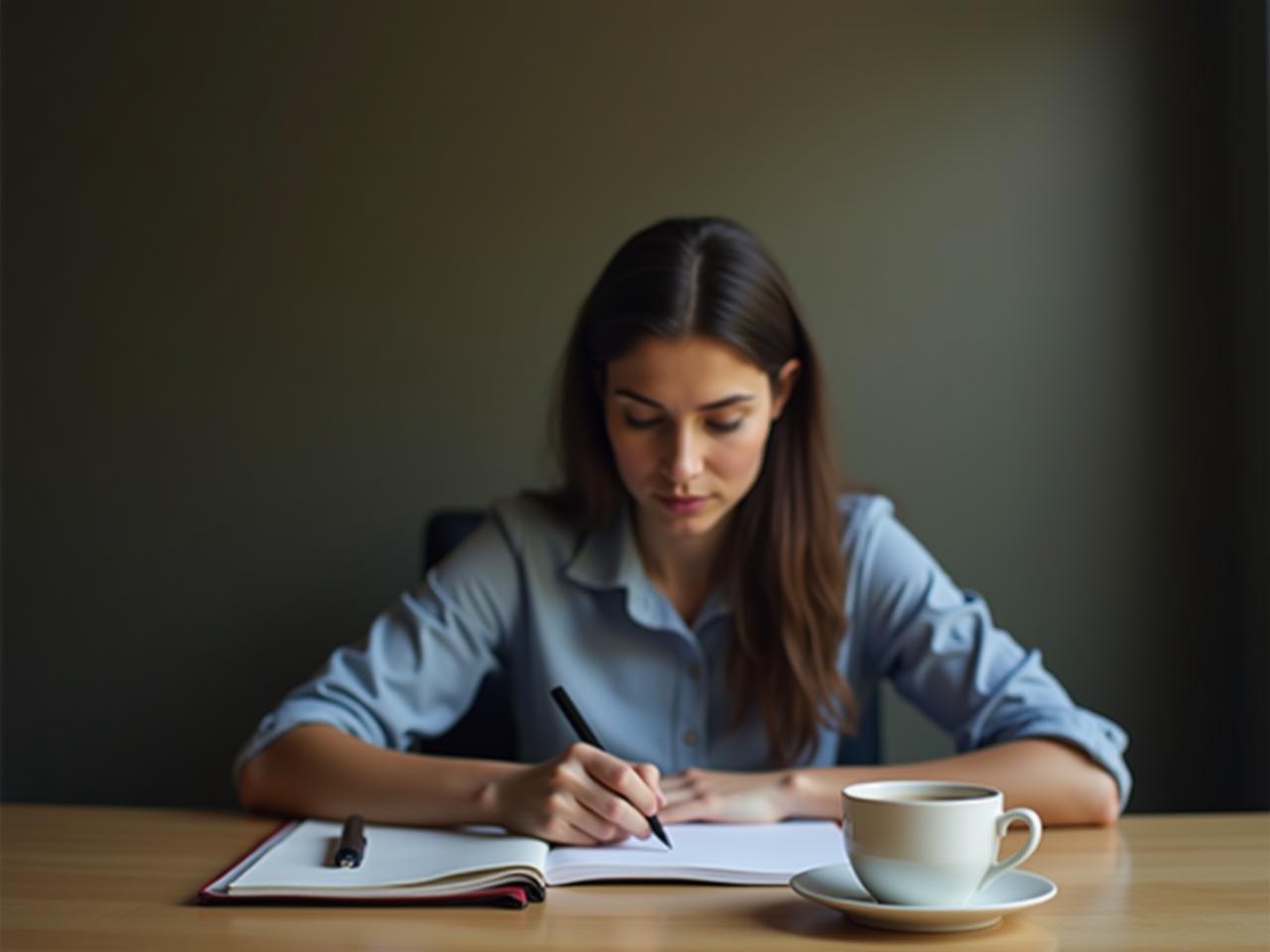 Person sitting at a desk in a quiet, focused workspace with a notebook and a cup of tea, symbolizing deep work and concentration.