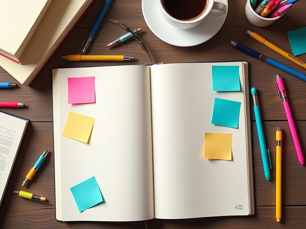 A notebook with colorful pens and sticky notes, surrounded by books and a cup of coffee, symbolizing the collection of ideas and inspiration.
