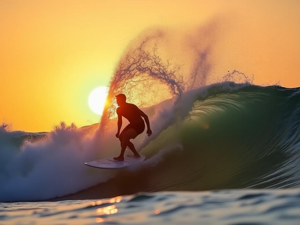 A person surfing a big wave at sunset, symbolizing the balance between challenge and skills for achieving a state of flow. Keywords: Flow state, Mihaly Csikszentmihalyi, surfing, sunset, challenge, skill, psychology, happiness.