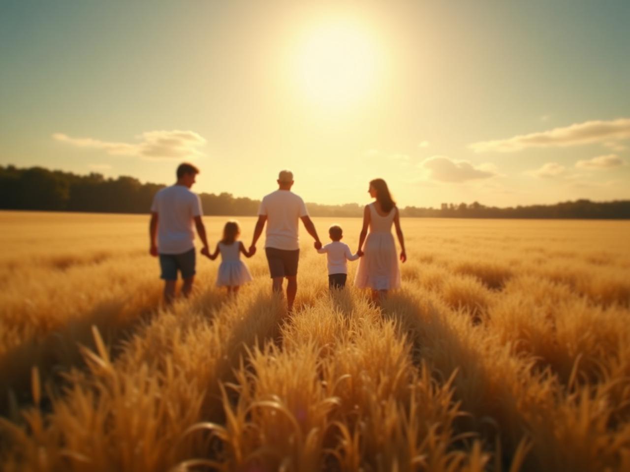 Family holding hands in a field, representing the transfer of wealth and values between generations. Keywords: generational wealth, financial planning, family legacy, intergenerational transfer, inheritance.