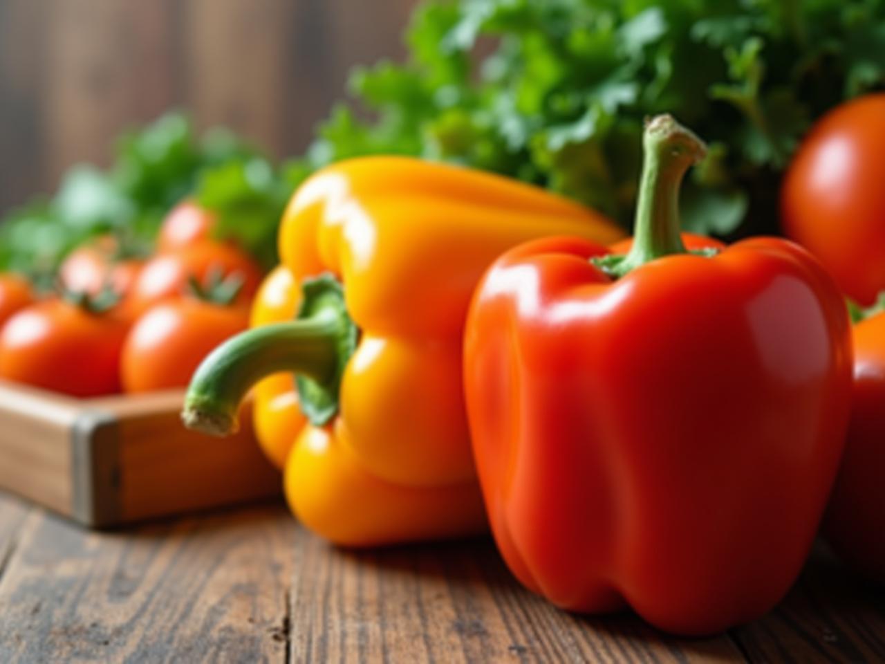 Close-up of fresh, colorful vegetables on a wooden table, representing healthy eating and natural food choices.