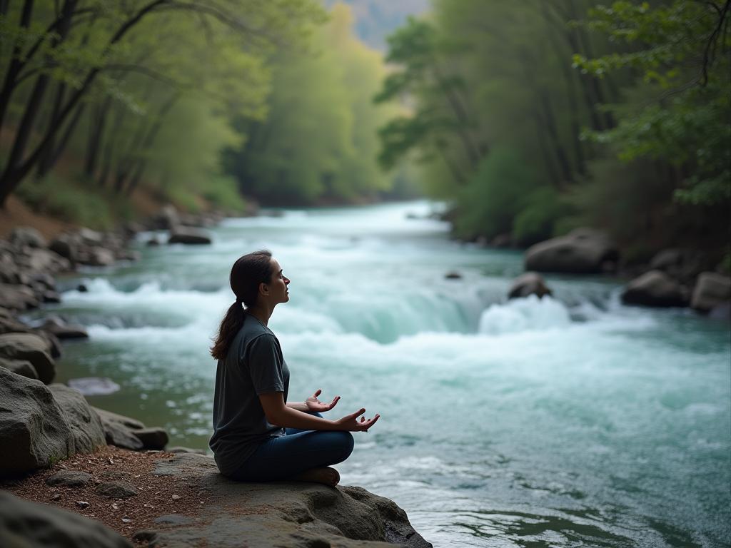A serene image of a person meditating by a flowing river, symbolizing acceptance and navigating uncertainty with grace. Keywords: uncertainty, acceptance, mindfulness, river, meditation, resilience.