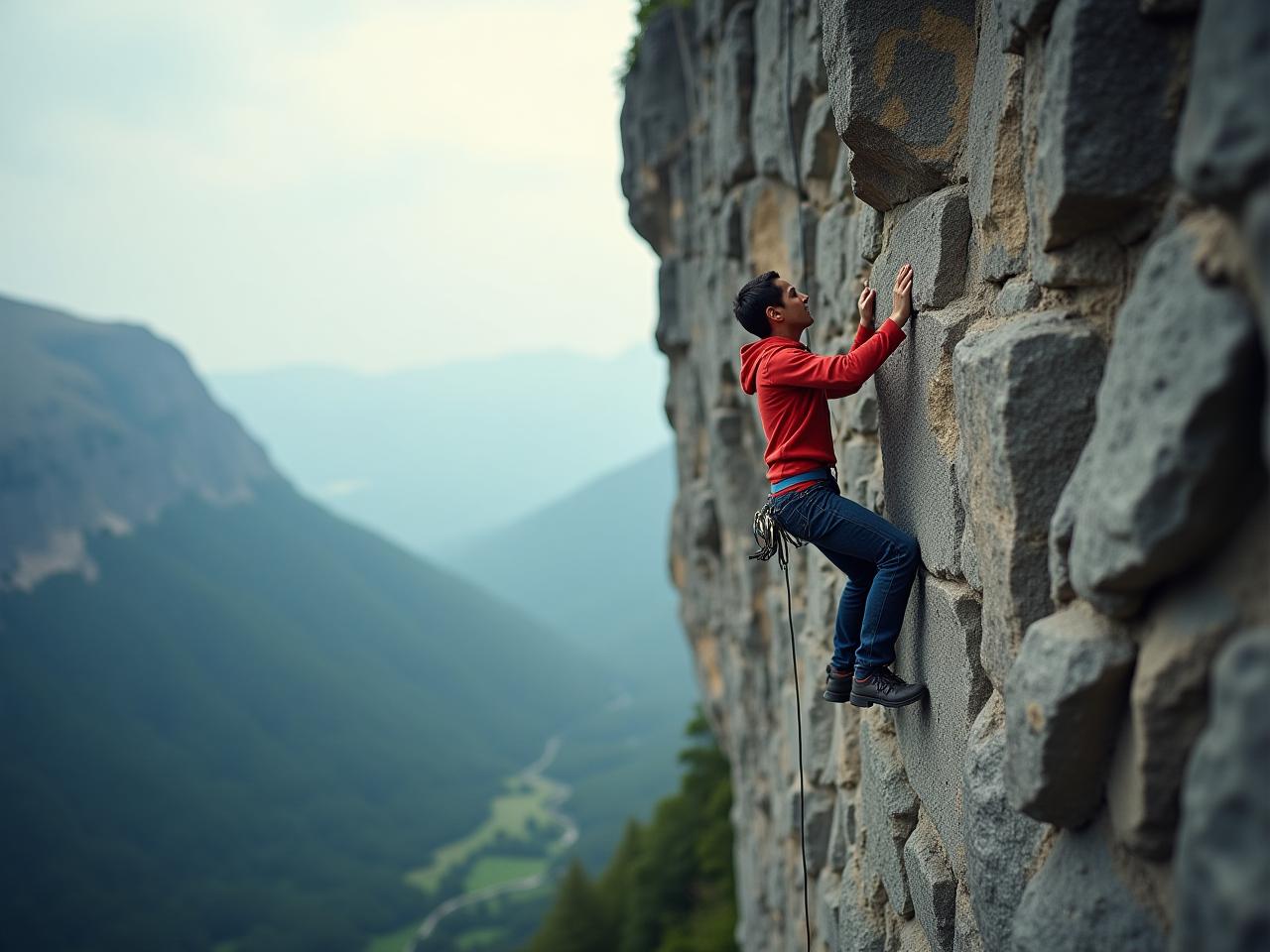 A person rock climbing a challenging cliff face, demonstrating the balance between skill and challenge required for flow.