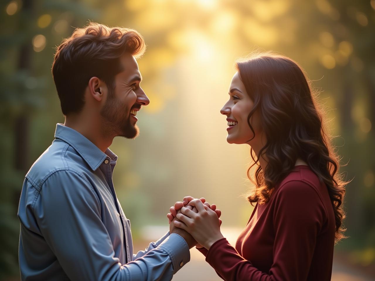 A couple holding hands and looking at each other lovingly after a discussion, representing successful conflict management and improved relationship.
