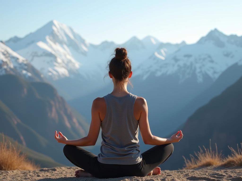 Woman meditating outdoors with snow-capped mountains in the background. Deep breathing and mindfulness concept.